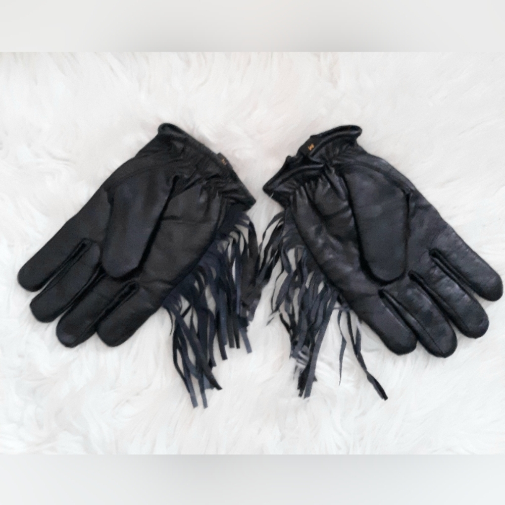 Chic Black Leather Gloves with Fringe Detail